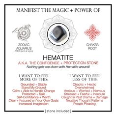 Manifest the Magic + Power of Your Hematite Got an issue? We've got a crystal for that!!!! Each 3 x 3 package comes with an informative crystal card and the attributes each stone possesses. You can feel MORE of something, and less of something else. The package also includes a small (but powerful) crystal to carry with you or pin to your vision board to stay mindful of your journey. You can keep it all together in the bag or carry the animal totem in your purse or pocket separately! Slip it into Crystal Healing Chart, Hematite Crystal, Crystals Healing Properties, Spiritual Crystals, Magic Powers, Crystal Healing Stones, Crystal Magic, Power Crystals, Crystal Meanings