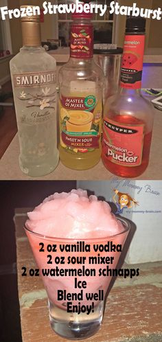 the ingredients to make frozen strawberry starburst are shown in two separate pictures, one is