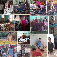 many different pictures of women in colorful clothing and blankets on the floor, with one woman sitting