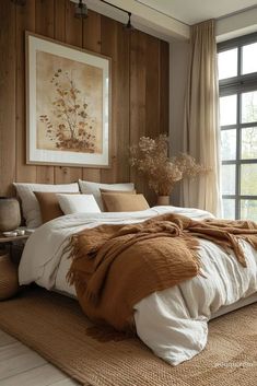 a large bed sitting next to a window in a room with wooden paneled walls