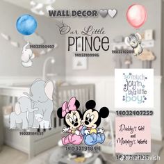 mickey and minnie mouse wall decals in a baby's nursery room with balloons