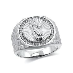 This San Judas Ring is embellished with an intricately crafted Saint Jude, The figure of St. Jude is the centerpiece of this ring with a polished frame and satin finished background for a beautiful and elegant design. This would make the perfect gift for any occasion, this ring can be sized to your liking.     S  an   J  udas  is venerated as the Patron saint of lost causes, the Hopeless, and the Despaired      Material: 925 Sterling Silver     SKU: KR11138 Silver Signet Ring With Diamond Accents, Silver Diamond Signet Ring With Center Stone, Silver Signet Ring With Diamond Accents For Promise, Symbolic Formal Jewelry With Diamond Accents, Silver Diamond Engraved Signet Ring, Spiritual White Gold Diamond Rings, Spiritual White Gold Rings For Formal Occasions, Fine Jewelry Silver Signet Ring With Center Stone, Silver Signet Ring With Diamond Accents For Wedding