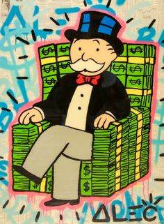 a drawing of a man sitting in a chair with stacks of money