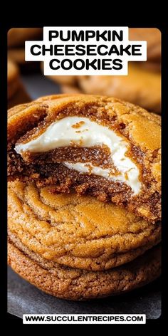 pumpkin cheesecake cookies stacked on top of each other with the words pumpkin cheesecake cookies