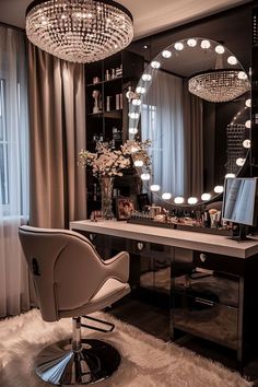 a dressing room with a vanity, mirror and lights on the wall next to it