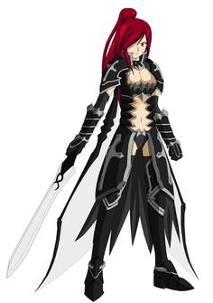 an anime character with red hair and black armor holding a large knife in her hand