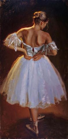 a painting of a woman in a white dress with her hands on her hips, looking down