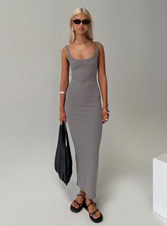 Rib-knit maxi dress Slim fitting, scoop neckline, fixed shoulder straps Good stretch, unlined 95% polyester 5% spandex Cold gentle machine wash Grey Maxi Dress, Dress Slim, Fleece Dress, Outerwear Outfit, Ribbed Dresses, Maxi Knit Dress, Loungewear Sets, Slim Dresses, Curve Dresses