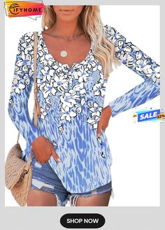 Blue Floral Printed Buttoned Shift Long Sleeve Casual Tunic Top Theme Painting, Casual Blouse Shirts, Tunic Tops Casual, Bleu Violet, Floral Graphic, Floral Theme, Women Shirts Blouse, Online Tops, Basic Tops