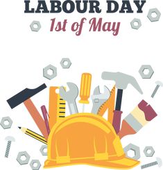 the labor day poster is shown with tools and construction equipment on it's back