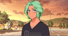 an anime character with green hair and blue eyes standing in front of a parking lot