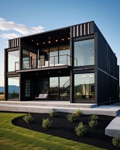 a large black house with lots of windows