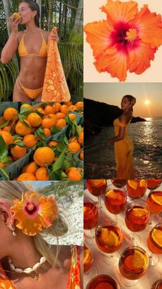 the collage has oranges and flowers in it