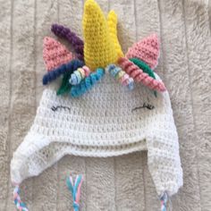 Perfect For A Child Or Adult This Whimsical Crocheted Unicorn Horn Stands Up., Never Worn, New 2 Adjustable Playful Yarn Beanie, Cute Adjustable Acrylic Beanie, Cute Multicolor Crochet Hat One Size, Playful Adjustable Acrylic Hats, Playful Pink Crochet Hat, Playful White Beanie For Winter, Cute Multicolor Crochet Hat, Playful Warm White Hat, Playful Adjustable Hand Knitted Beanie