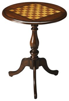 a wooden table with a chess board on it's top and two legs in the middle