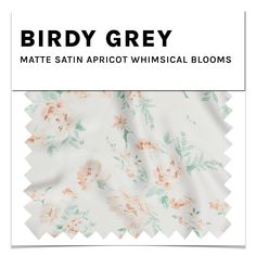 birdy grey matte satin fabric whimsical blooms in white and peach