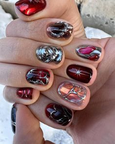 Nails Reaction Pic, Alt Nails Aesthetic, This And Yap, Short Crazy Nails, Funky Short Nails Art Designs, Alt Christmas Nails, Red Short Nails Design, Nonbinary Nails, Ugly Nails Weird