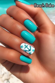 Channel your inner mermaid with this dreamy nail look. Turquoise polish and whimsical white anchors create a magical touch. #mermaidnails #beachlife #turquoiselove #nailartlover #manicurepedicure #nailstagram #styleinspiration #beautytips Cruise Nails Gel, Cruise Theme Nails, Nails For Summer Vacation Beach, Turquoise Beach Nails, Cruise Nails Caribbean Carnival, Carribean Cruise Nail Ideas, Christmas Beach Nails, Beach Vibes Nails, Summer Vacation Nails Beach Simple