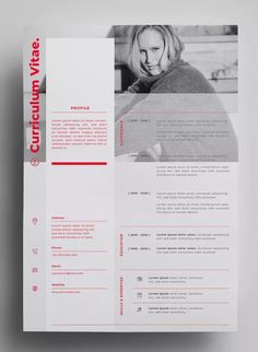 a white and red resume template with an image of a woman on the front page