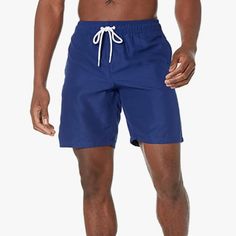 Men's 9" Quick-Dry Swim Trunk Blue Relaxed Fit Moisture-wicking Swim Trunks, Blue Moisture-wicking Swim Trunks With Relaxed Fit, Essentials Shorts, Casual Shorts Men, Hiking Shorts, Mens Stripes, Amazon Essentials, Training Shorts, Mens Essentials