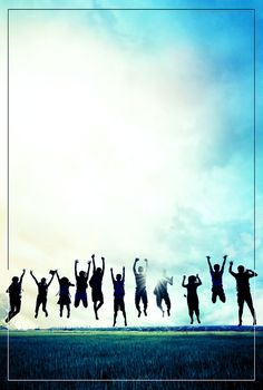 a group of people jumping in the air with their hands up and arms raised above them