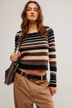 Channel your inner effortless cool with the Free People Lumen Stripe Pullover.It's all about relaxed vibes and endless outfit options. Think of it as a cozy hug in clothing form, but way chicer. Basically, this pullover is the ultimate cozy essential... Short Loungewear, Striped Pullover, Sweater Material, Lightweight Sweater, Rich Colors, Stay Cozy, Trendy Tops, Light Weight Sweater, Jacket Tops