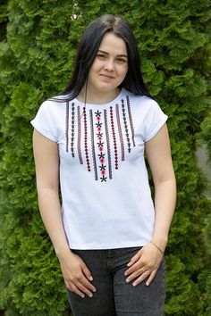 Women's embroidered T-shirt, vyshyvanka, etno, Ukraine, cotton, M-XL Trousers Jeans, Embroidered Tshirt, Womens Clothing Tops, Machine Embroidery, Ukraine, Round Neck, Short Sleeves, Trousers, Women Accessories