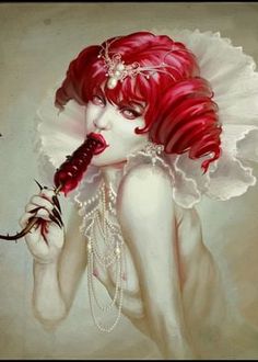 a painting of a woman with red hair and pearls holding a flower in her hand