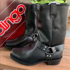 These Handsome Boots By Dingo Are Very Comfortable Thanks To The Soft Leather Upper And Cushion Insole. Features Include: Full Grain Leather Uppers Oil Resistant Rubber Outsole Three Strap Harness Full Cushion Sock Liner No Slip Rubber Outsole Brand New With The Original Tags And Box Western Style Black Moto Boots With Leather Footbed, Western Style Black Waterproof Boots, Western Style Black Moto Boots With Steel Toe, Western Style Black Moc Toe Waterproof Boots, Black Moc Toe Moto Boots With Leather Footbed, Black Western Style Waterproof Boots With Steel Toe, Black Western Waterproof Boots With Steel Toe, Black Western Steel Toe Waterproof Boots, Western Black Boots With Vibram Sole