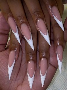 #frenchnails #whitenail Pointy White French Tip Nails, Nut White Almond Nails, Chrome White Acrylic Nails, Xl Nails French Tip, Stilleto French Nail, Sharp Tip Nails, Back To School Nails Stiletto, Acrylic Nails With Hoops Through Them, White In White French Nails