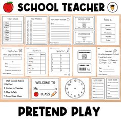 the back to school teacher's pretend play is shown with an apple on it