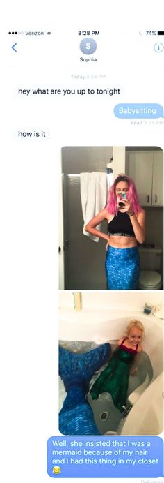 two screenshots of a woman with pink hair and green pants in the bathroom