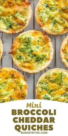 mini broccoli cheddar quiches on a cooling rack with text overlay