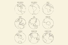 hand drawn globes with the names of different countries in black and white on a beige background