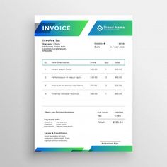 an invoice form is shown on top of a white surface with blue and green lines