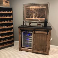 a wine cooler in the corner of a room