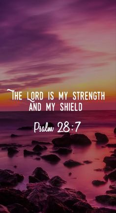 the lord is my strength and my shield bible verse on sunset with rocks in foreground