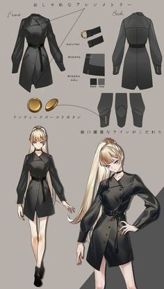 an anime character is dressed in black and has long blonde hair, wearing a dress with gold buttons