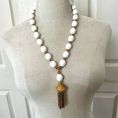 Crown Trifari White Lucite Gold Tone Vintage Tassel Necklace Good Vintage Condition Fold Over Clasp Beautiful Gold Tone Textured Beads Between The White Beads Stunning Necklace! Very Open To Reasonable Offers - I Always Try To Accept Offers Or Counter Or Work With You On An Amount That Works For Both Of Us :) Bundle To Save - The More You Bundle, The Bigger The Discount 5 Star Seller Same Or Next Day Shipping I Include A Gift On 3+ Bundles Please See Photos. They Are Part Of The Description Happ Adjustable White Tassel Necklace, Elegant White Tassel Necklace, Adjustable White Tassel Necklace Gift, Trifari Jewelry, Crown Trifari, Vintage Lucite, Stunning Necklace, White Beads, Fold Over