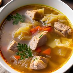 a white bowl filled with meat and vegetable soup