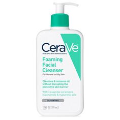 Dermatologist tested skin care product, CeraVe Daily Face Wash, Foaming Facial Cleanser, for Normal to Oily Skin is ideal for removing excess oil, dirt and also acts as a makeup remover. CeraVe Foaming Facial Cleanser has a unique formula with three essential ceramides (1, 3, 6-II) hyaluronic acid and niacinamide to help restore the skin's barrier, attract hydration and calm the skin. This gentle foaming action refreshes and cleanses oil without disrupting the protective skin barrier. Key Ingred Cera Ve, Daily Face Wash, Cleanser For Oily Skin, Foaming Face Wash, Skin Cleanse, Gel Cleanser