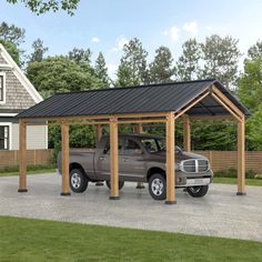 a truck is parked in front of a house with a carport attached to it