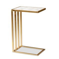 a gold and white side table with a mirror on the bottom, in front of a white background