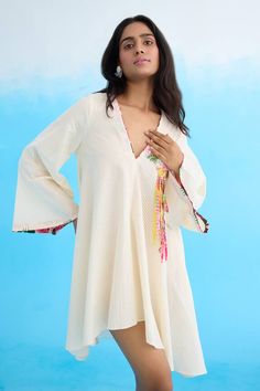 Cream high-low hem A-line bell sleeves mini dress with fabric ribbon, beaded floral pattern embroidery applique details. - Aza Fashions Floral Pattern Embroidery, Embroidered Beads, Pattern Embroidery, Fabric Ribbon, Floral Applique, Dress For Women, Embroidery Applique, Dress Pattern, Aza Fashion