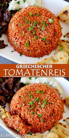 two plates with different types of food on them and the words griefschener tomato