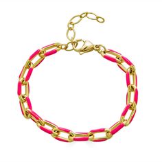 This ultra-mod chunky cable chain bracelet features pops of rich color, giving it a unique look of imaginative artistry with street style. A high-shine finish brings glamor to this statement bracelet, becoming the center of attention with any day or night wardrobe. An oversized lobster clasp and extension chain accommodate your best wrist size. Statement Bracelet, Pink Bracelet, Cable Chain, Chain Bracelet, Precious Metals, Rich Color, Sale Items, Ring Size, Fine Jewelry