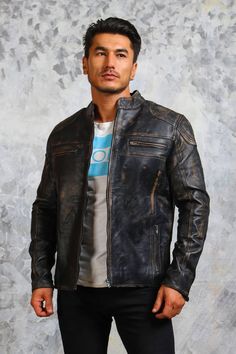 Men's Biker Distressed Black Leather Jacket Outfit makes men, this vintage leather jacket is manufactured from genuine top-notch quality leather. Distressed leather jacket features front-zipped closure with spacious zipper pockets on its exterior completed with premium viscose lining. This men’s biker jacket emits retro vibes with its voguish distressed detailing and a stand-up collar. The adjustable buttoned and zipper sleeves speaks out convenience. A structured sleek silhouette makes this lea Distressed Brown Moto Leather Jacket For Biker Events, Distressed Leather Biker Jacket For Biker Events, Moto Style Distressed Brown Leather Jacket, Distressed Brown Leather Jacket For Biker Events, Moto Biker Jacket In Distressed Brown For Biker Events, Rugged Distressed Brown Leather Biker Jacket, Distressed Brown Leather Moto Jacket, Distressed Fitted Leather Biker Jacket, Distressed Brown Fitted Moto Biker Jacket