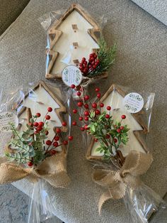 three cookies decorated with holly and red berries are sitting in plastic bags on the floor