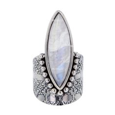 this beautiful Boho style Moonstone Sterling Silver ring has everything going for it the beautiful milky color of the Moonstone crystal exudes healing feminine sensuality its bezel is elaborately decorated and serves to embellish the natural beauty of the crystal metaphysical properties: Moonstone helps restore peace, serenity and emotional control, balances hormones and provides support during periods of hormonal change such as puberty or menopause size 6 approximate dimensions: 3/8" x 1" FREE Bohemian Moonstone Crystal Ring With Natural Stones, White Moonstone Crystal Ring In Celestial Style, Ethereal Silver Crystal Ring With Moonstone, Bohemian Wedding Crystal Ring With Cabochon, White Celestial Style Moonstone Opal Ring, White Moonstone Ring For Healing, Handmade Mystical Moonstone Crystal Ring, Bohemian Moonstone Rings With Natural Stones, Adjustable Mystical Moonstone Ring With Natural Stones