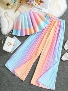 Multicolor Boho Collar   Ombre,Striped,All Over Print  Embellished Non-Stretch  Teen Girls Clothing Rainbow Top Outfit, Barbie Fashion Sketches, Fest Outfits, Cheap Kids Clothes, Summer Outfits For Teens, Rainbow Outfit, Strapless Crop Top, Trendy Dress Outfits